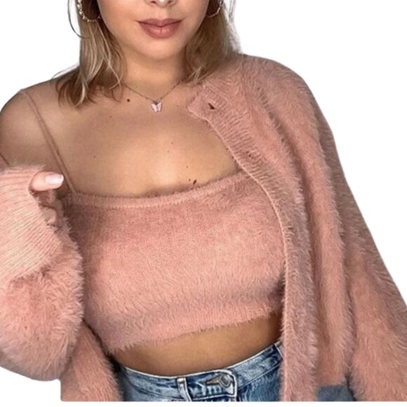 MOD Pink Fuzzy Button Front Knit Cardigan and Cami Set - Picture 2 of 15